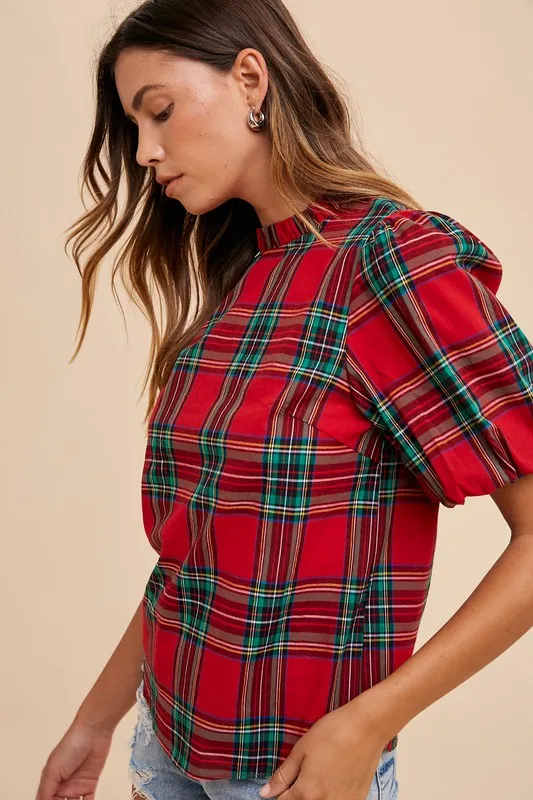 Holiday Plaid Bubble Sleeve Top