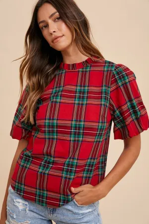 Holiday Plaid Bubble Sleeve Top