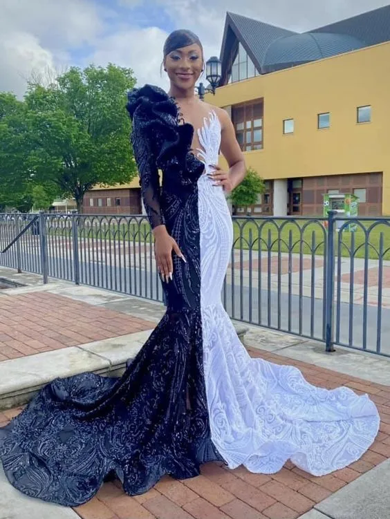 Hot Half Black Half White One shoulder Long Sleeves Mermaid Prom Dresses