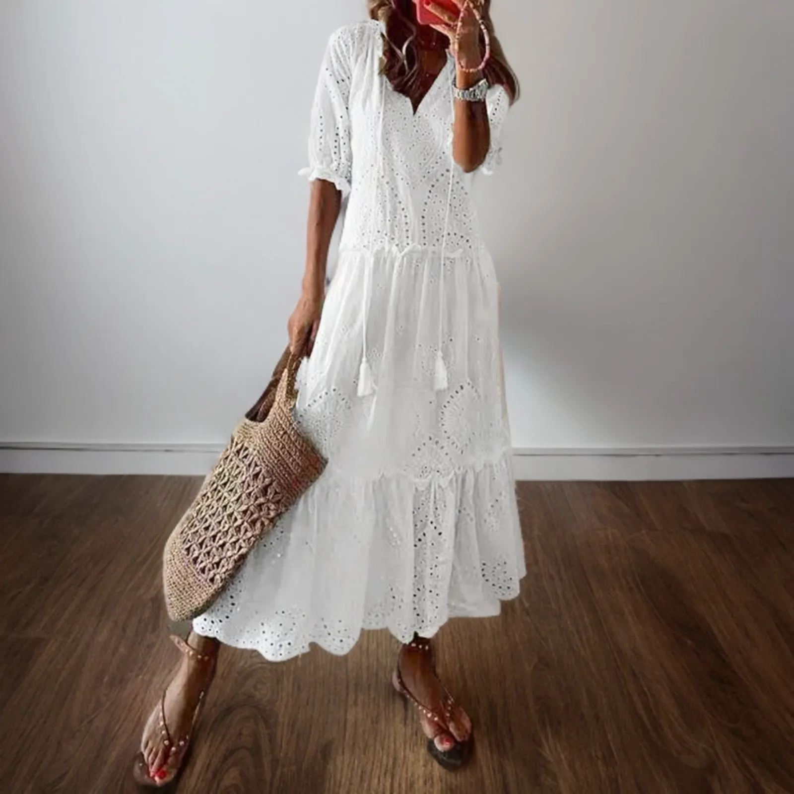 Indiana - Loose crochet dress with pleats