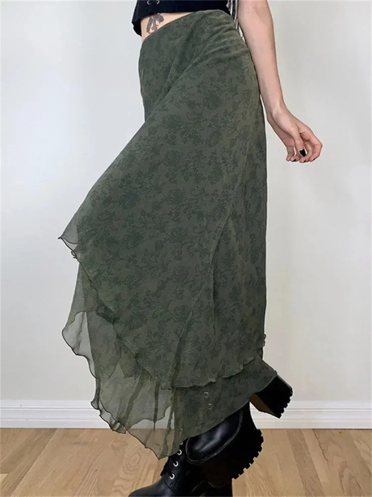 Irregular Floral Print Midi Skirt
