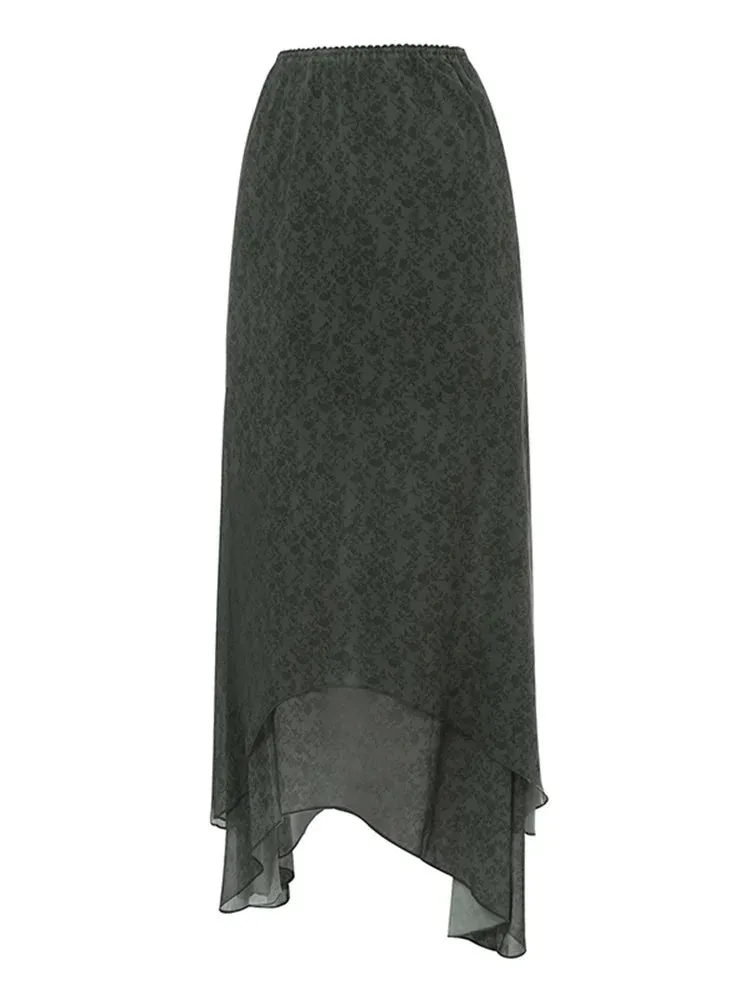 Irregular Floral Print Midi Skirt