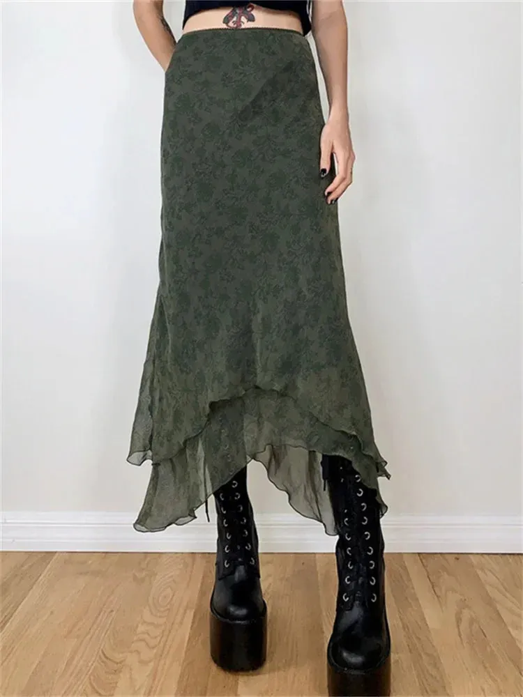 Irregular Floral Print Midi Skirt