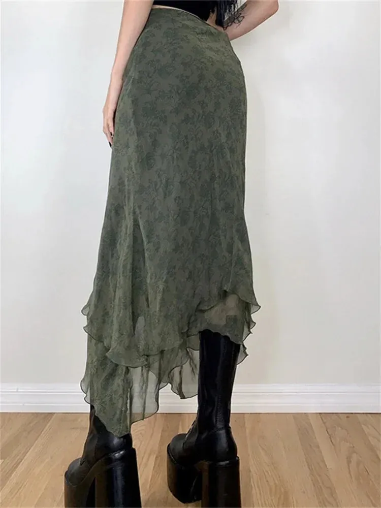 Irregular Floral Print Midi Skirt