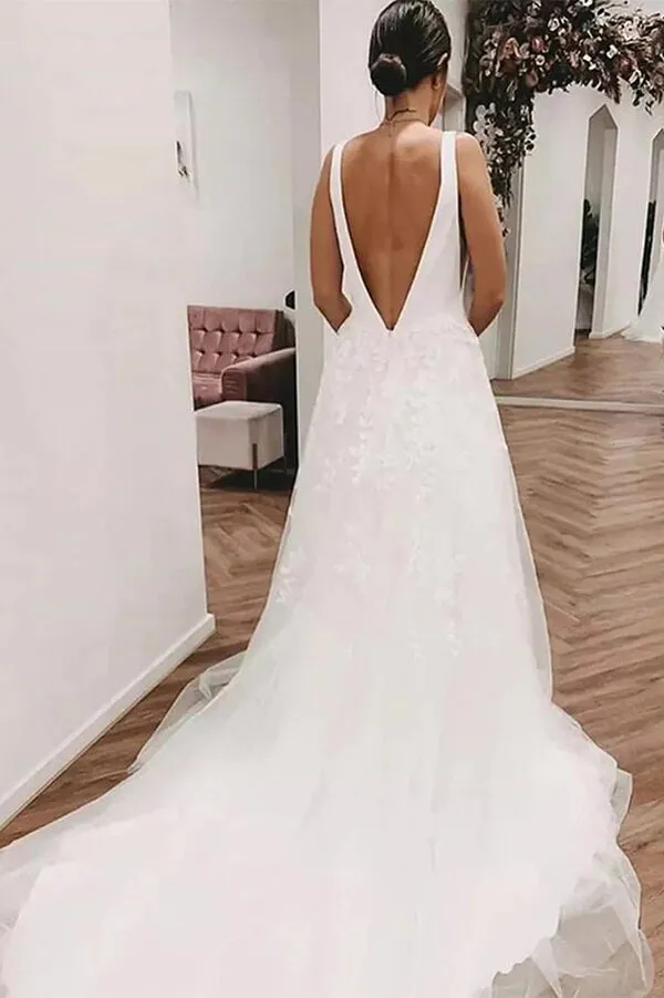 Ivory Tulle Lace Deep V-neck Wedding Dresses With Train, Bridal Gowns, MW820