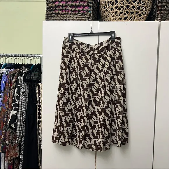 J. Crew Brown &amp; Cream Houndstooth Pattern High-Waisted Midi Modest Skirt Sz L