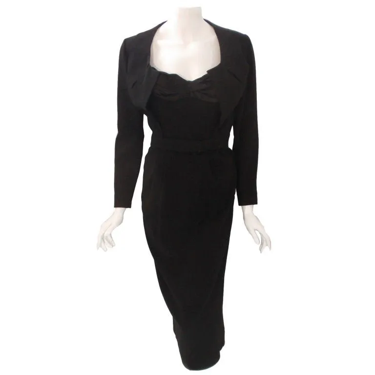 JACQUES FATH 1950s 2 pc Black Crepe Dress and Jacket Set