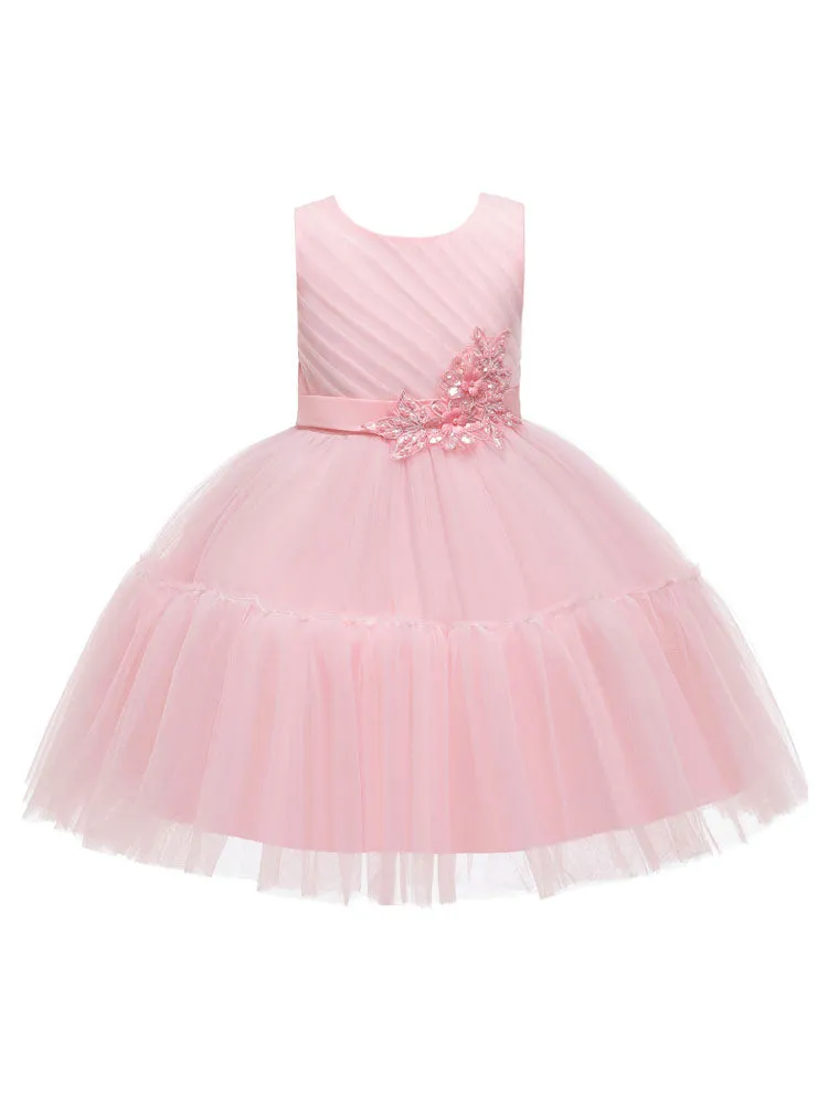 Jewel Neck Polyester Sleeveless Short Princess Bows Kids Party Dresses