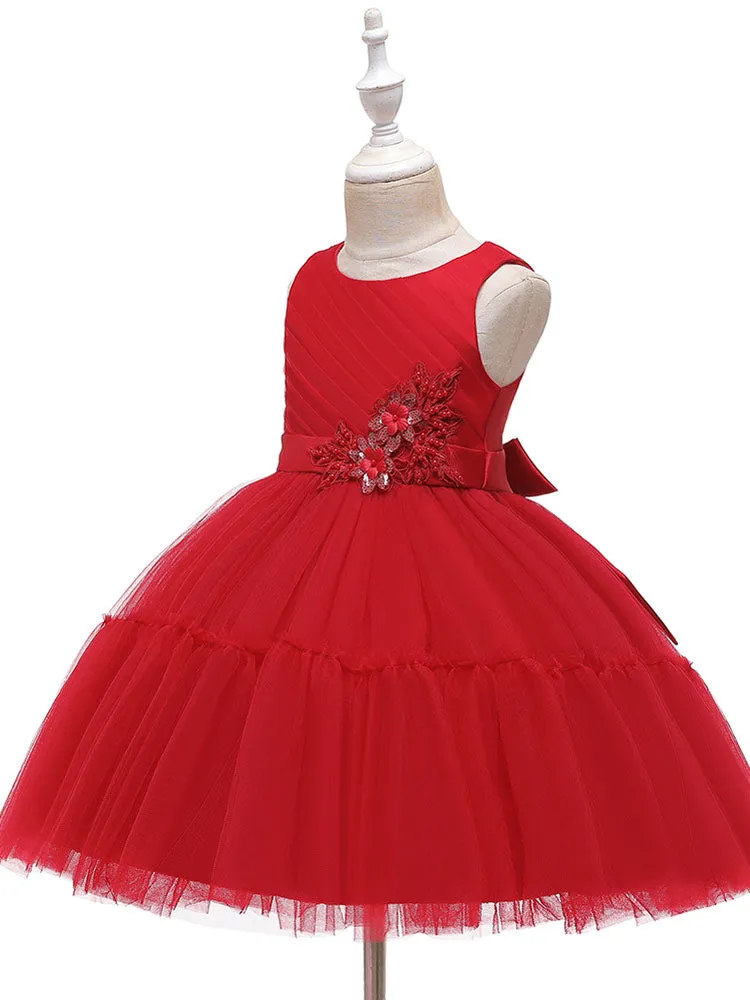 Jewel Neck Polyester Sleeveless Short Princess Bows Kids Party Dresses