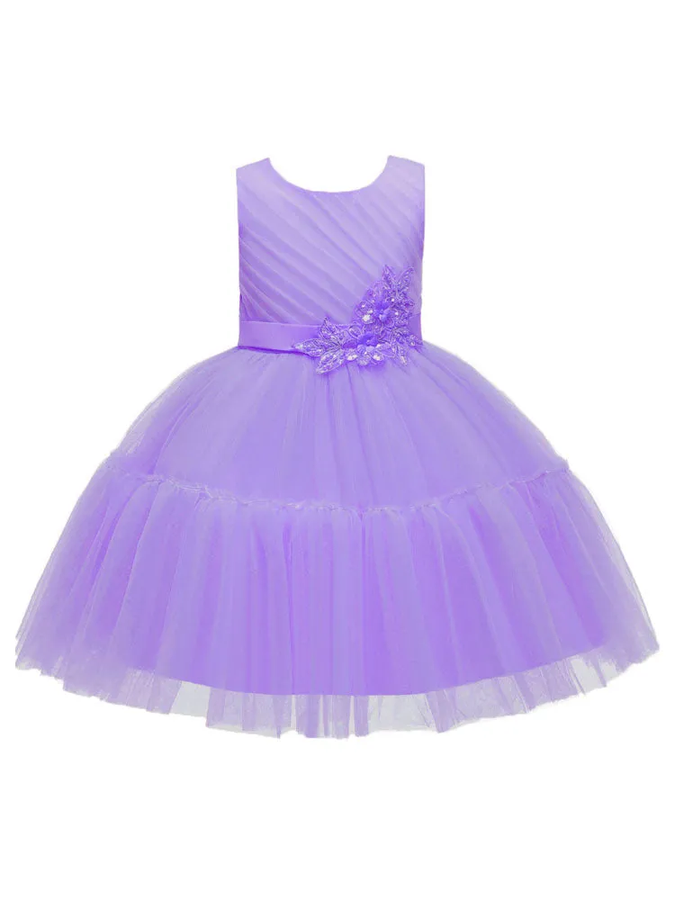 Jewel Neck Polyester Sleeveless Short Princess Bows Kids Party Dresses