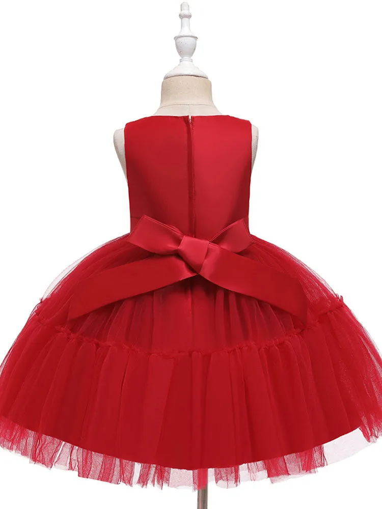 Jewel Neck Polyester Sleeveless Short Princess Bows Kids Party Dresses