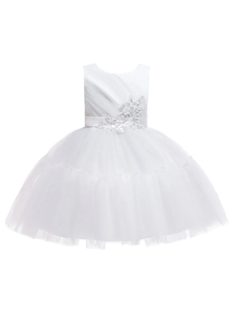 Jewel Neck Polyester Sleeveless Short Princess Bows Kids Party Dresses