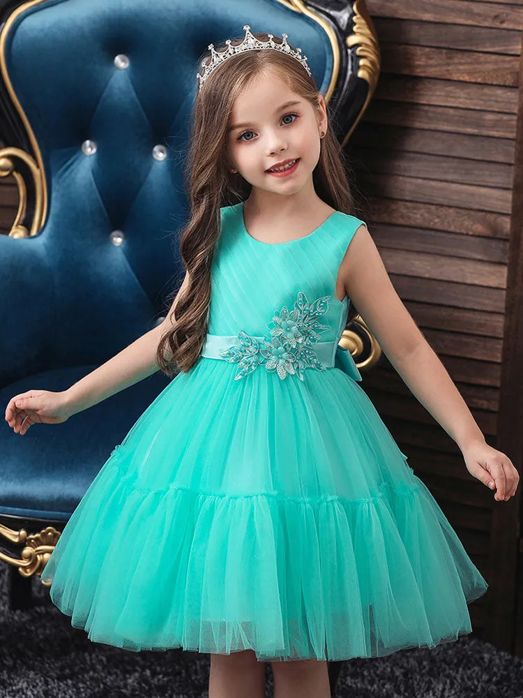 Jewel Neck Polyester Sleeveless Short Princess Bows Kids Party Dresses