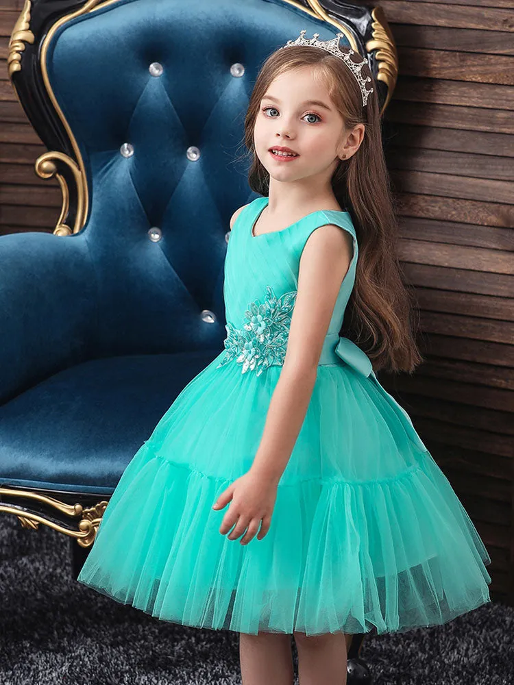 Jewel Neck Polyester Sleeveless Short Princess Bows Kids Party Dresses