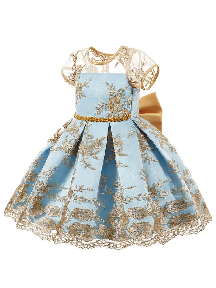 Jewel Neck Short Sleeves Embroidered Kids Social Party Dresses