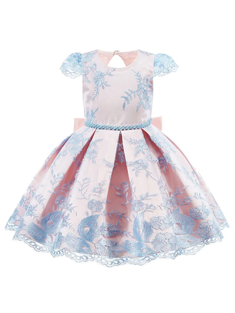 Jewel Neck Short Sleeves Embroidered Kids Social Party Dresses