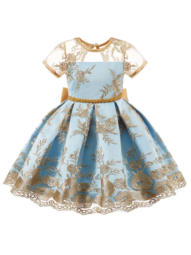 Jewel Neck Short Sleeves Embroidered Kids Social Party Dresses