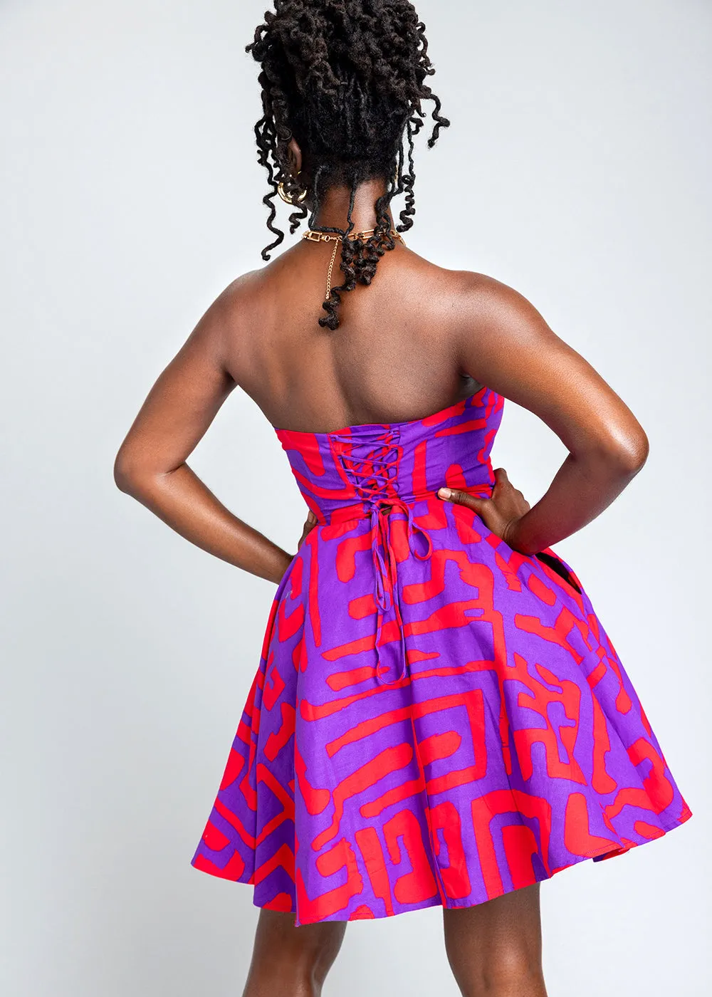 Jioni Women's African Print Corset Dress (Purple Red Geometric)