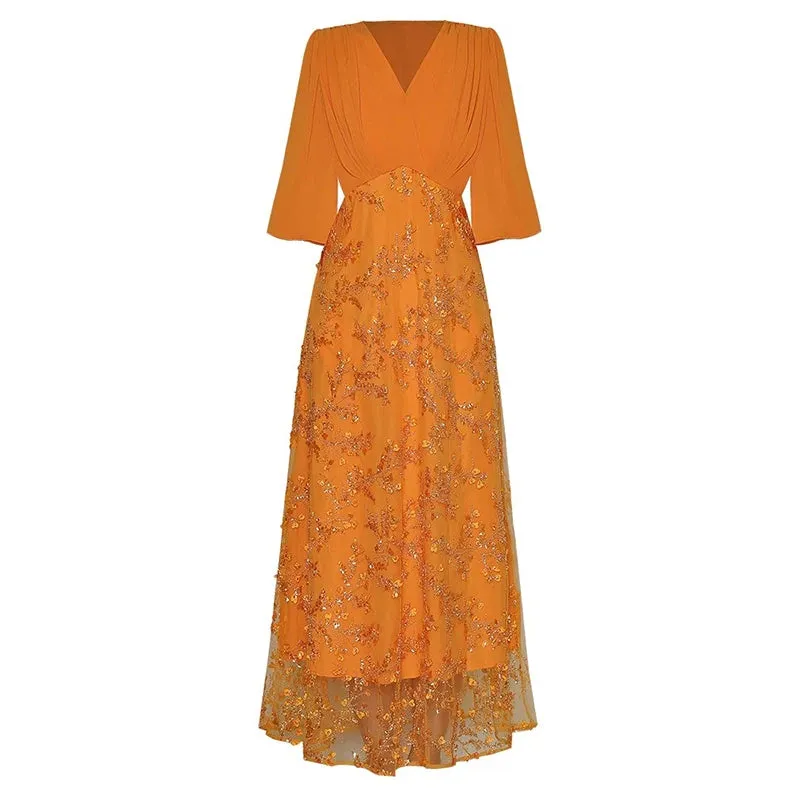 Keaton V-Neck Short Sleeve Sequins Beading Mesh Patchwork Vintage Dress