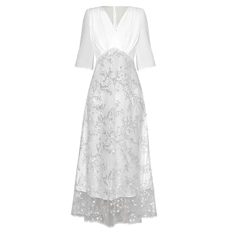 Keaton V-Neck Short Sleeve Sequins Beading Mesh Patchwork Vintage Dress