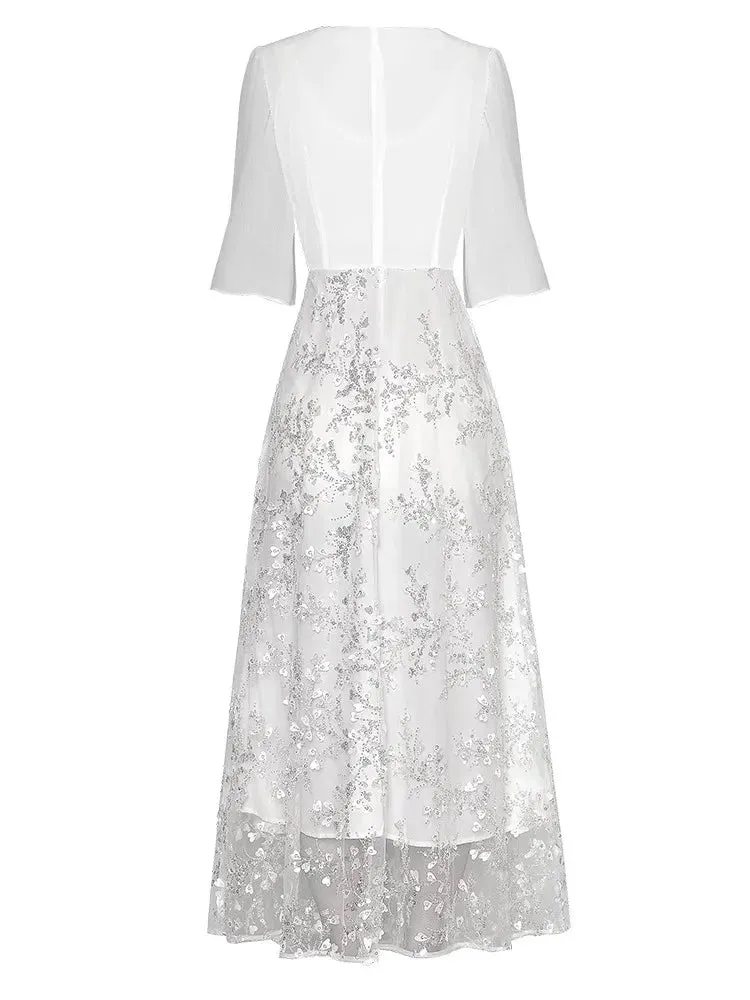 Keaton V-Neck Short Sleeve Sequins Beading Mesh Patchwork Vintage Dress