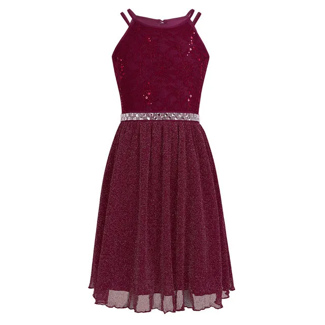 Kids Girls Sleeveless Sequined Floral Lace Shiny Princess Dress for Birthday Party