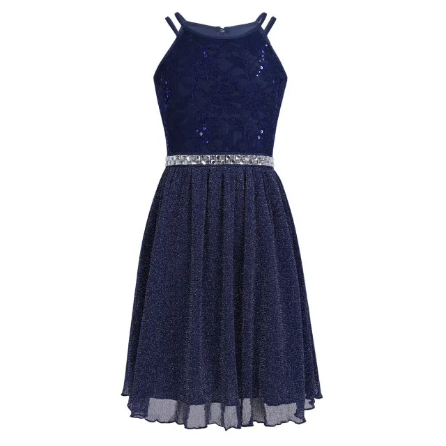 Kids Girls Sleeveless Sequined Floral Lace Shiny Princess Dress for Birthday Party