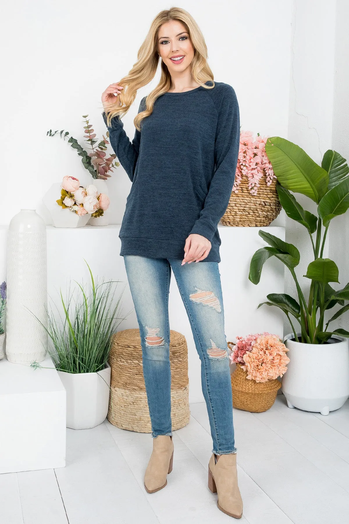 Knit Front Pocket Long Sleeved Top 2