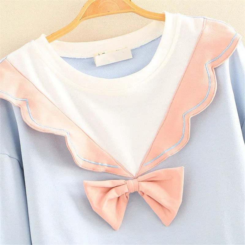 LACE BOW ROUND NECK PULLOVER SWEATSHIRTS UB3137