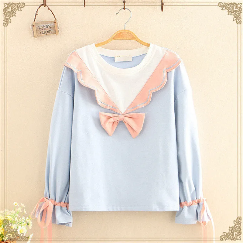 LACE BOW ROUND NECK PULLOVER SWEATSHIRTS UB3137