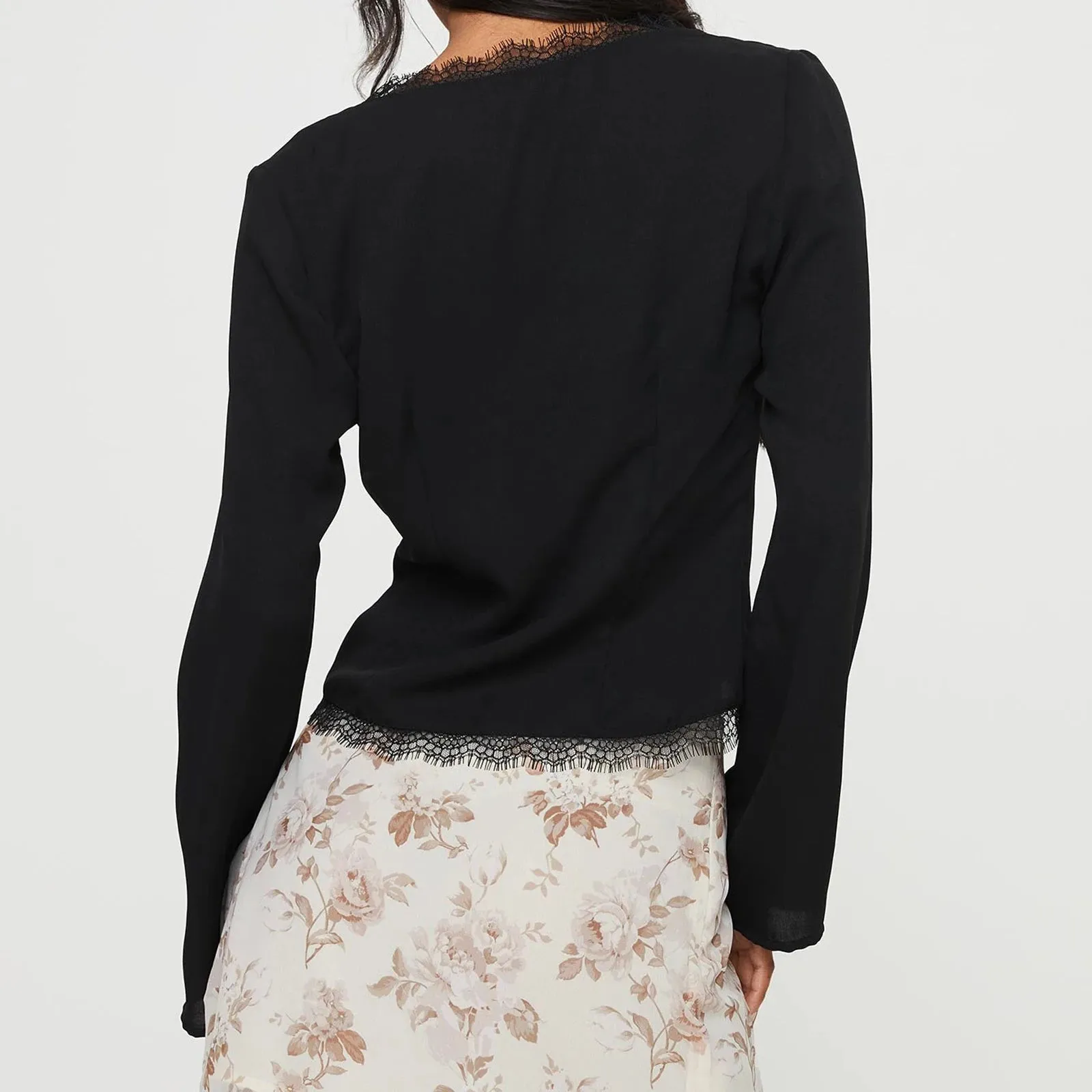 Lace Eyelash Trim Tie Front Shirt