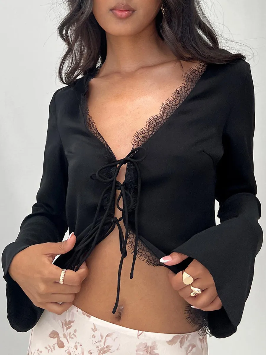 Lace Eyelash Trim Tie Front Shirt