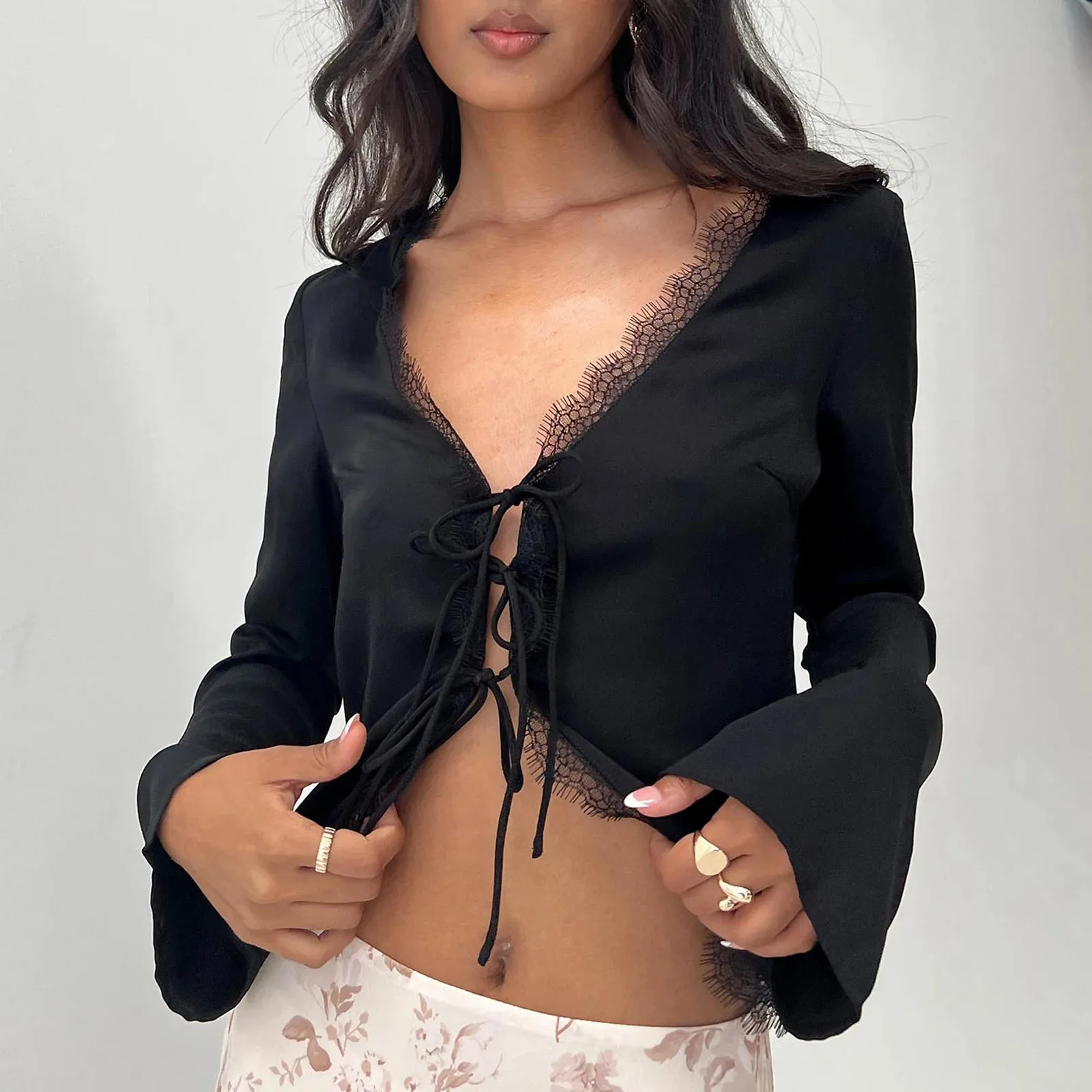 Lace Eyelash Trim Tie Front Shirt