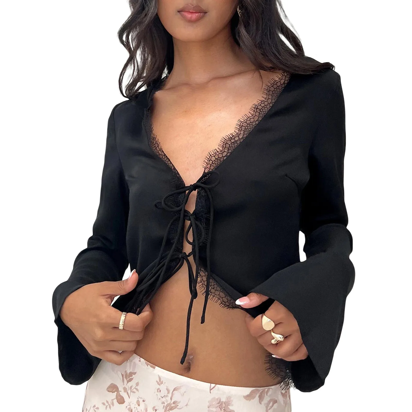 Lace Eyelash Trim Tie Front Shirt