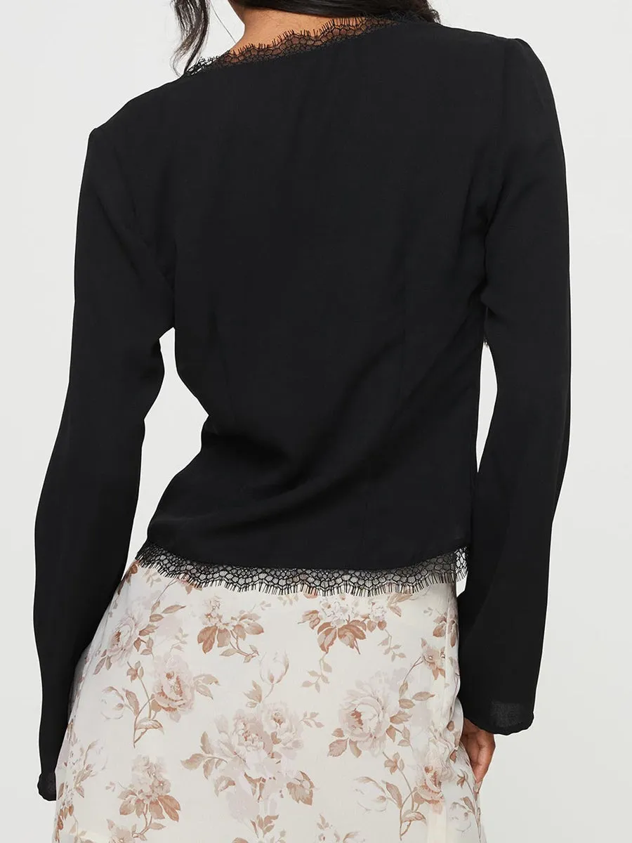 Lace Eyelash Trim Tie Front Shirt