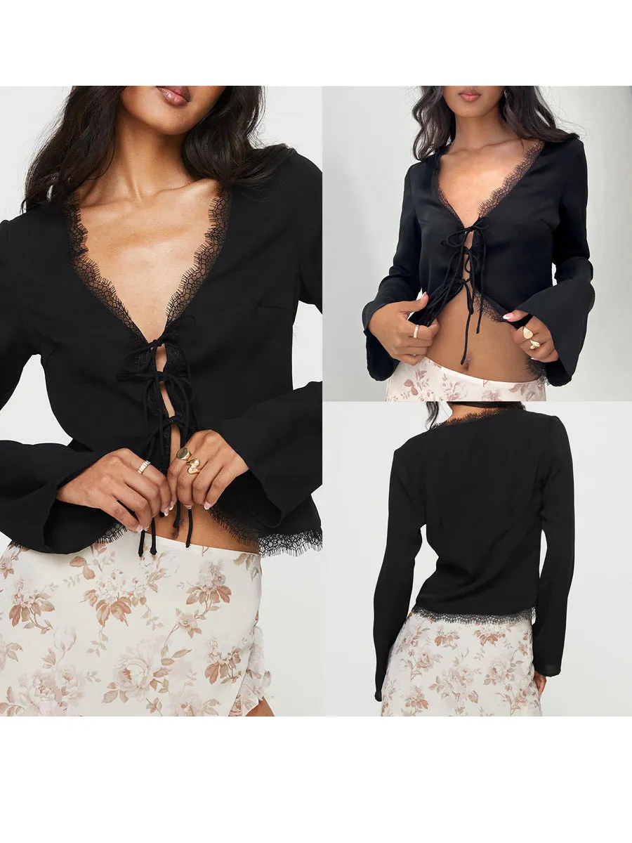Lace Eyelash Trim Tie Front Shirt