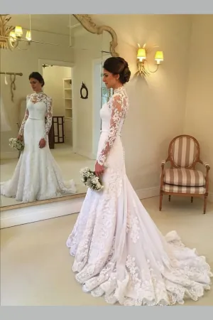 Lace Illusion Long Sleeves Bridal Dresses with High Neckline