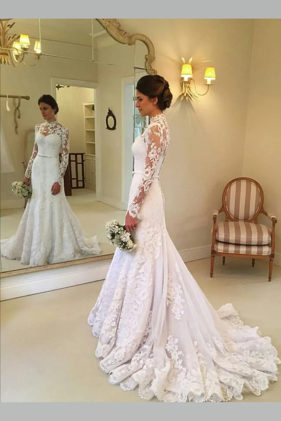 Lace Illusion Long Sleeves Bridal Dresses with High Neckline