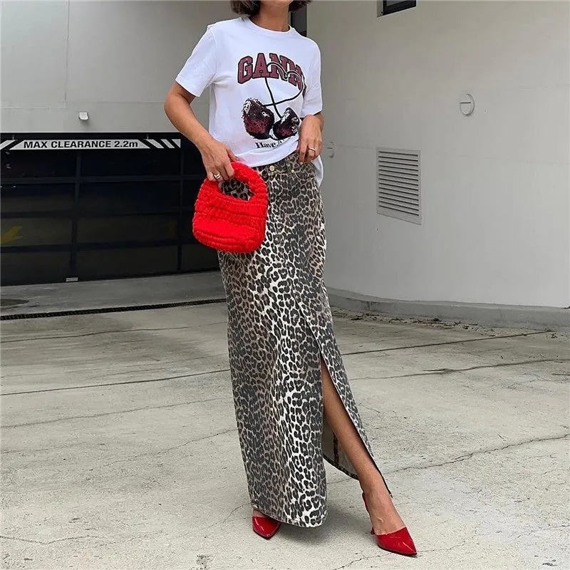 Leopard Print High Slit Slim Fit Straight Half Skirt
