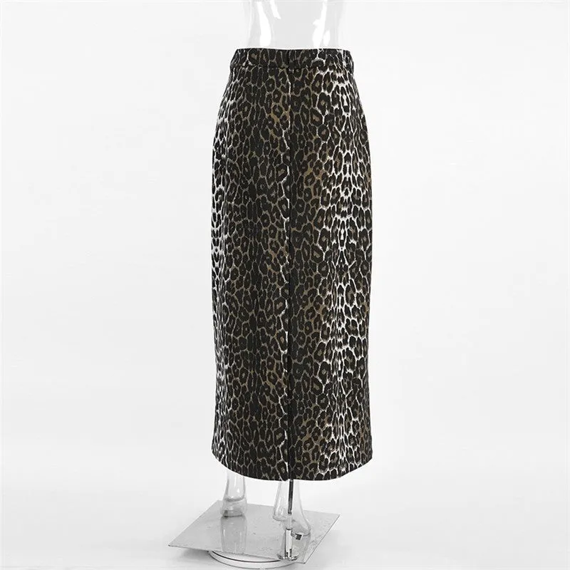 Leopard Print High Slit Slim Fit Straight Half Skirt