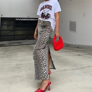 Leopard Print High Slit Slim Fit Straight Half Skirt