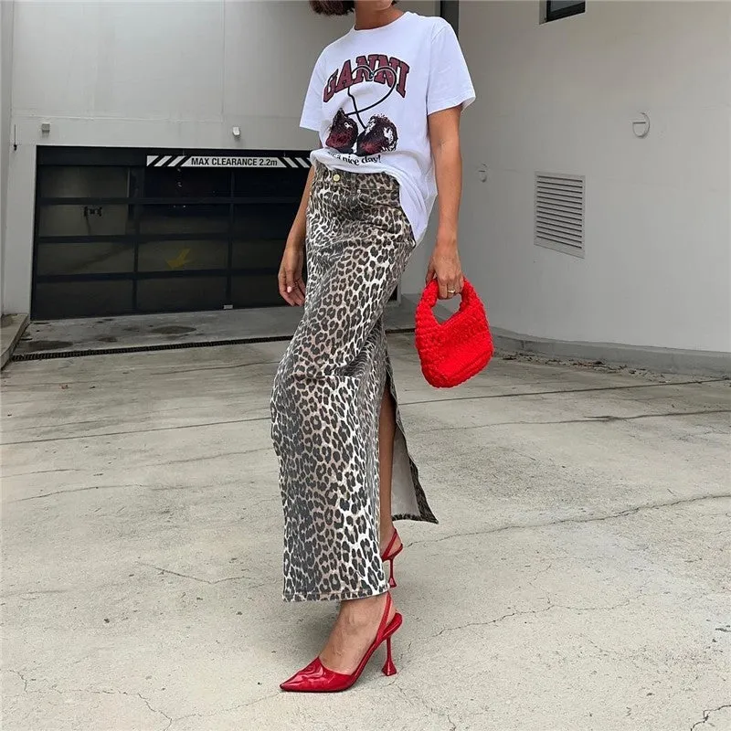 Leopard Print High Slit Slim Fit Straight Half Skirt