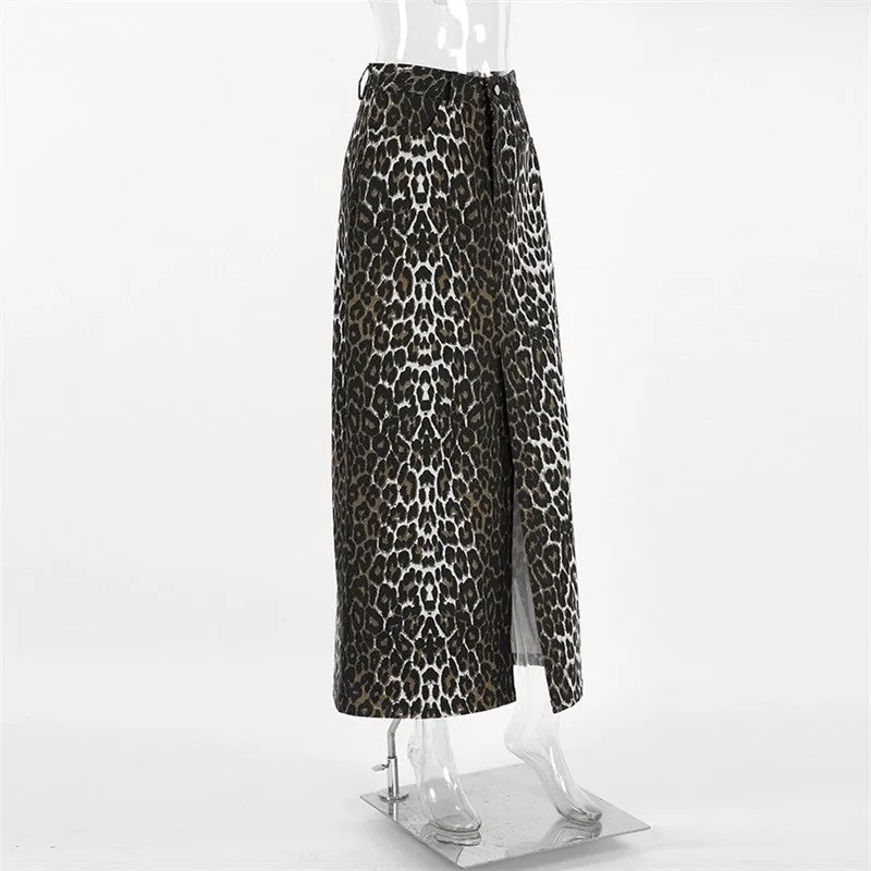 Leopard Print High Slit Slim Fit Straight Half Skirt