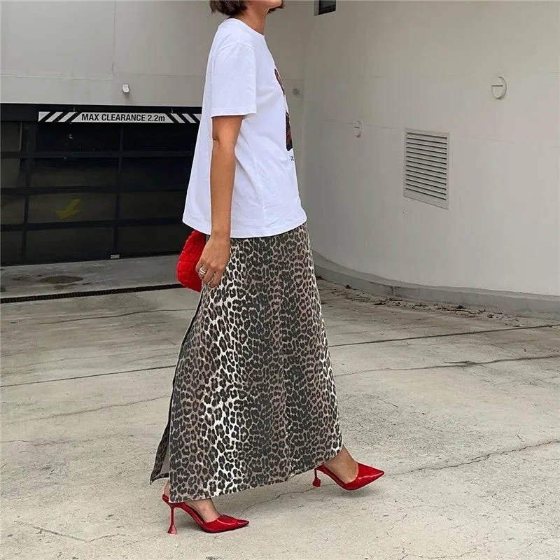 Leopard Print High Slit Slim Fit Straight Half Skirt