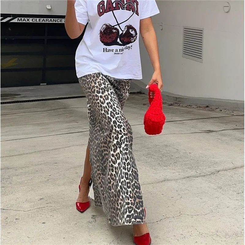 Leopard Print High Slit Slim Fit Straight Half Skirt