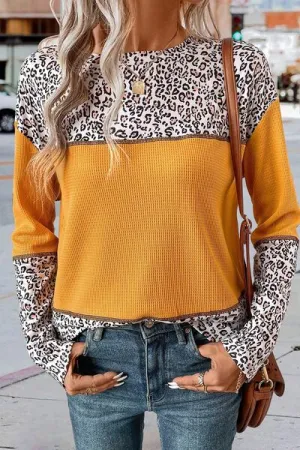 Leopard Print Waffle-knit Long Sleeve T-Shirt