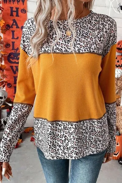 Leopard Print Waffle-knit Long Sleeve T-Shirt