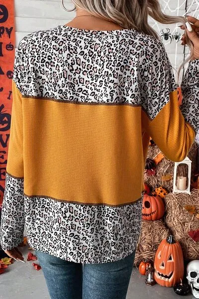 Leopard Print Waffle-knit Long Sleeve T-Shirt