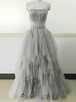Light Gray Strapless Unique Vintage Formal Ball Gown Prom Dresses. PD070