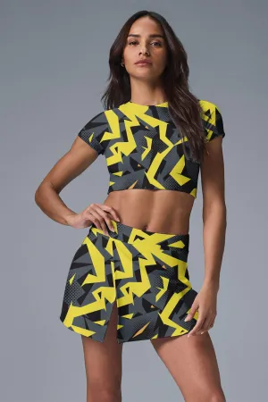 Lightning Bolt Power Set – Yellow & Black Geometric Print Crop Top and Skirt Set for Women
